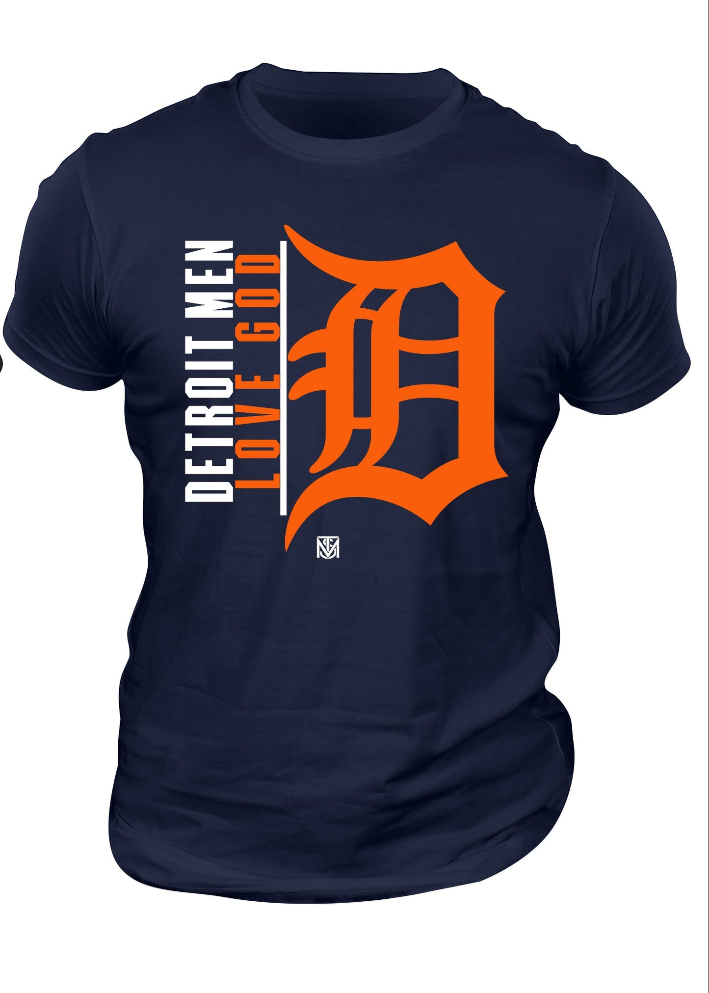 Navy blue t-shirt with orange and white graphic